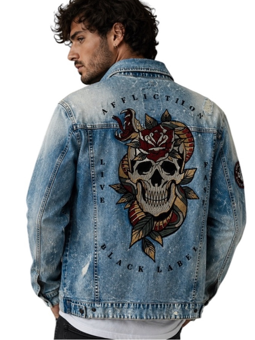 Affliction Oath Live Fast Black Label Men’s S
Distressed Denim Blue Jean Jacket